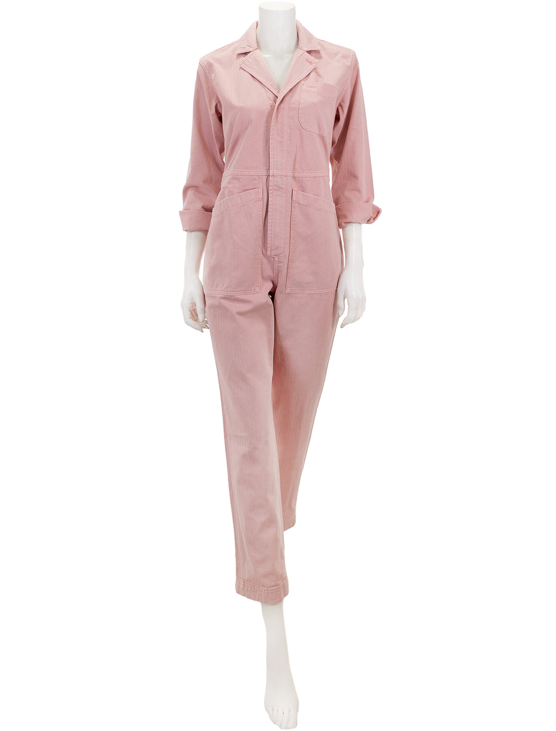 Front view of Alex Mill's standard jumpsuit in herringbone blush pink.