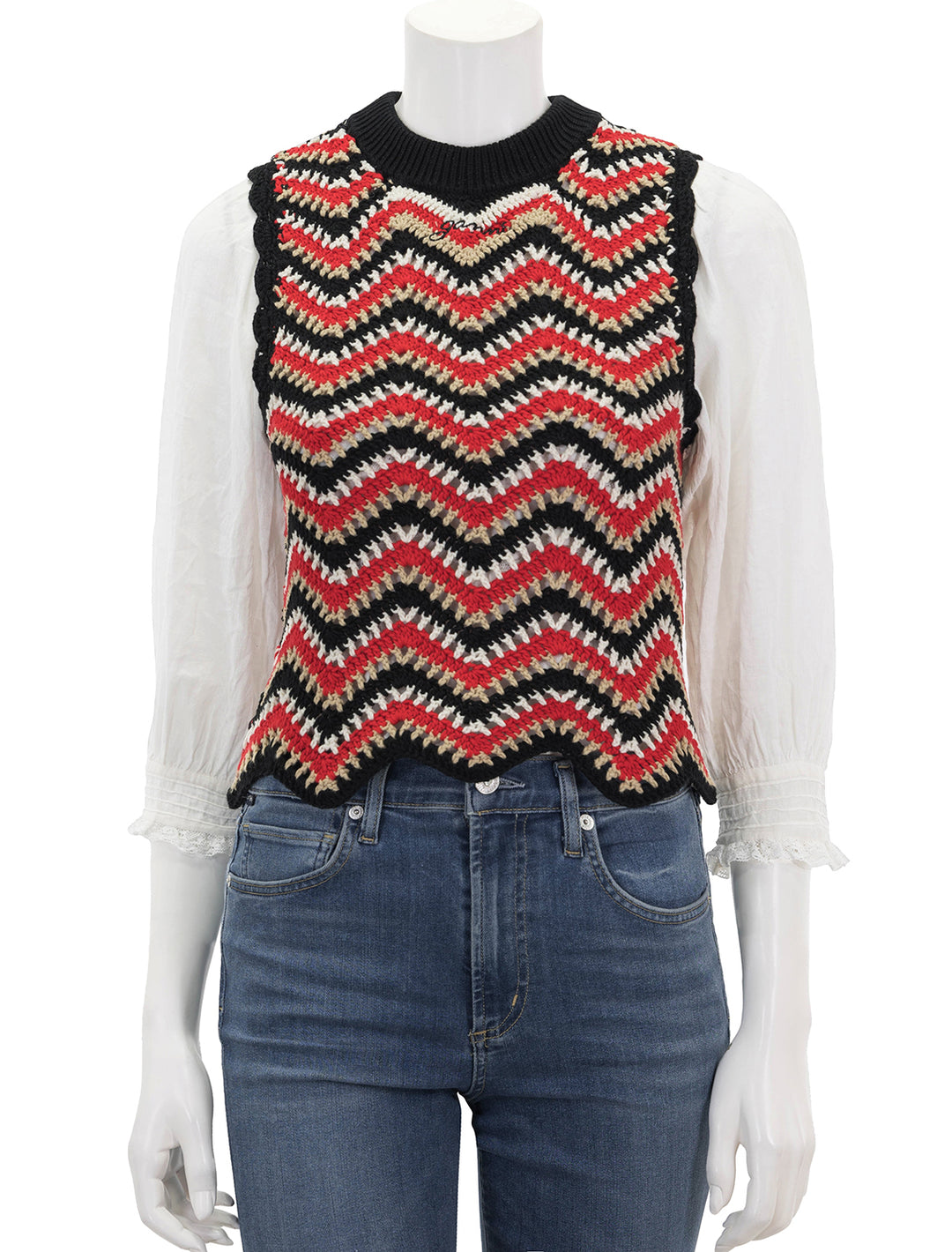 Front view of Ganni's cotton crochet vest in racing red.