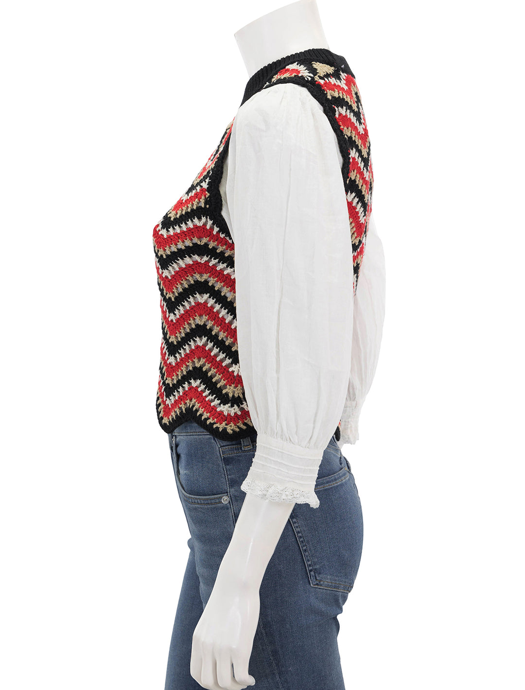 Side view of Ganni's cotton crochet vest in racing red.