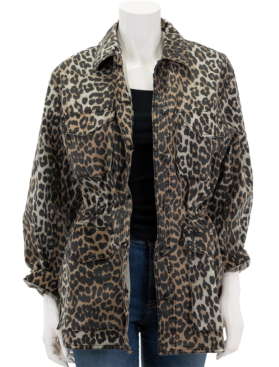 Front view of GANNI's cotton canvas jacket in almond milk leopard, unbuttoned.