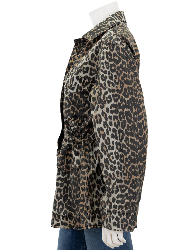 Side view of GANNI's cotton canvas jacket in almond milk leopard.
