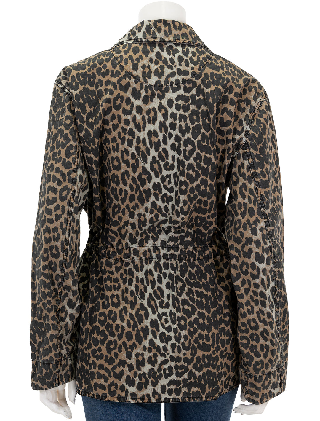 Back view of GANNI's cotton canvas jacket in almond milk leopard.
