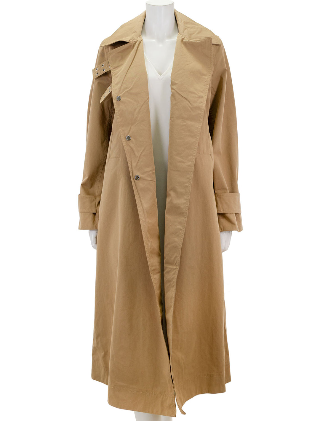 Front view of GANNI's cotton twill coat in tigers eye, unbuttoned.