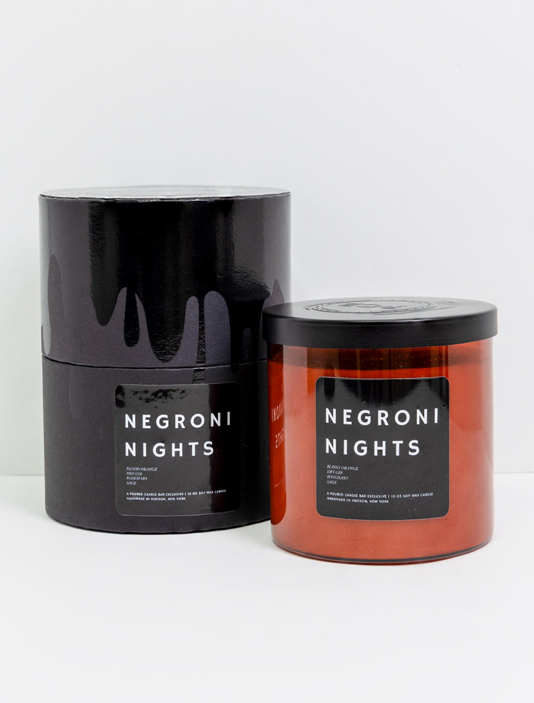 Poured Candle Bar's negroni nights candle and packaging.