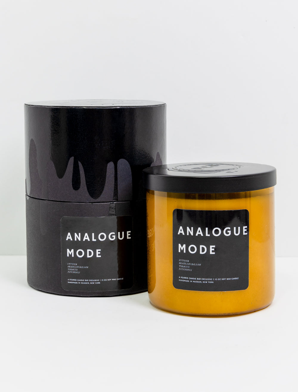 Poured Candle Bar's analog mode candle and packaging.