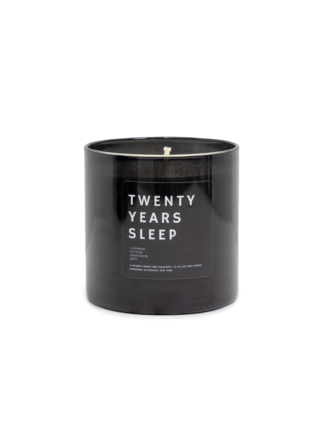 Front view of Poured Candle Bar's twenty years sleep candle.