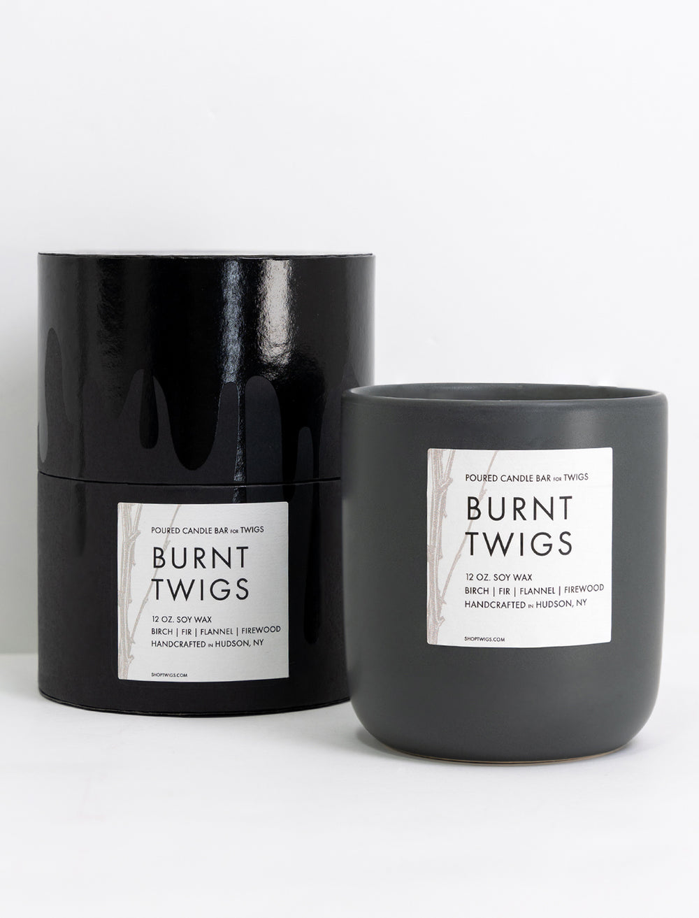 Product packaging of Poured Candle Bar's burnt twigs candle.