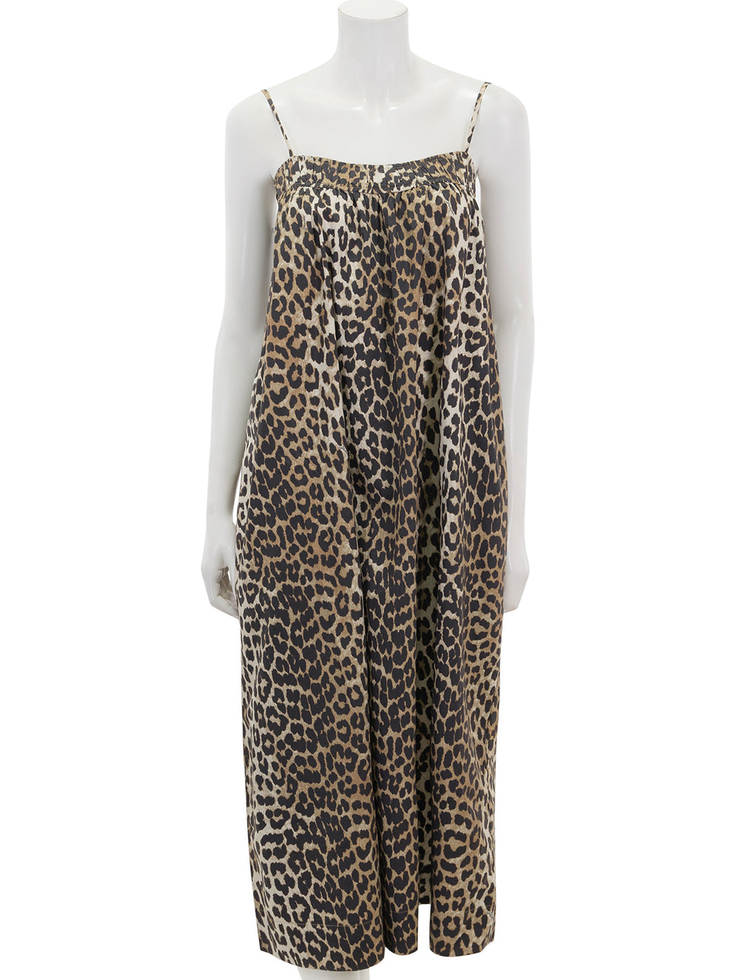 Front view of GANNI's printed cotton midi dress in leopard.
