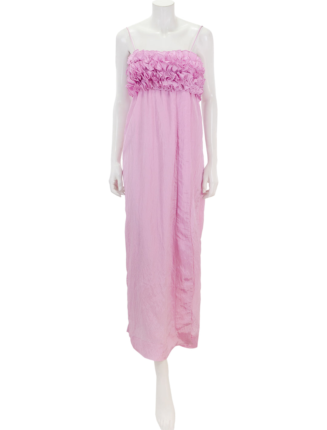 Front view of Ganni's shiny tech strap midi dress in lilac sachet.
