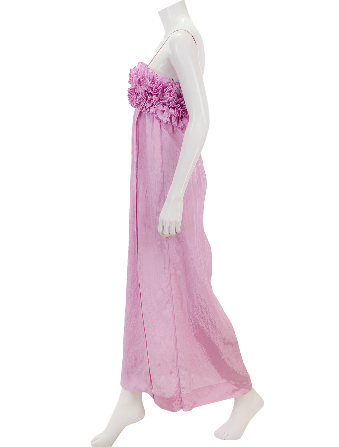 Side view of Ganni's shiny tech strap midi dress in lilac sachet.