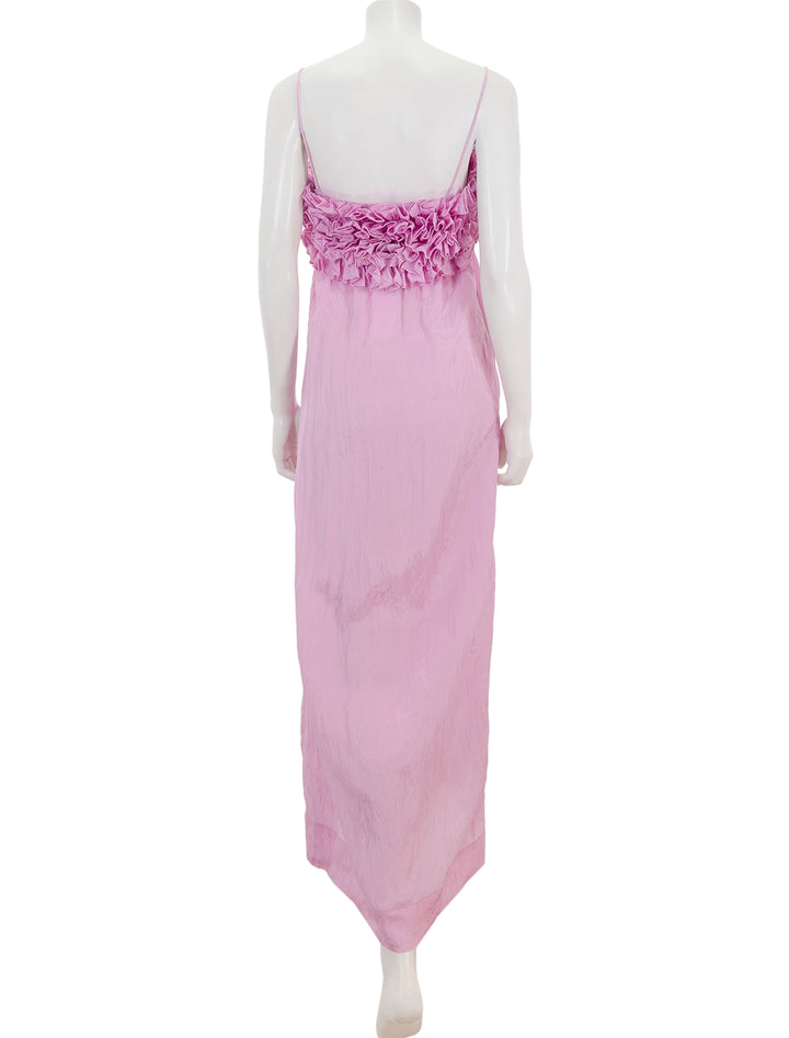 Back view of Ganni's shiny tech strap midi dress in lilac sachet.