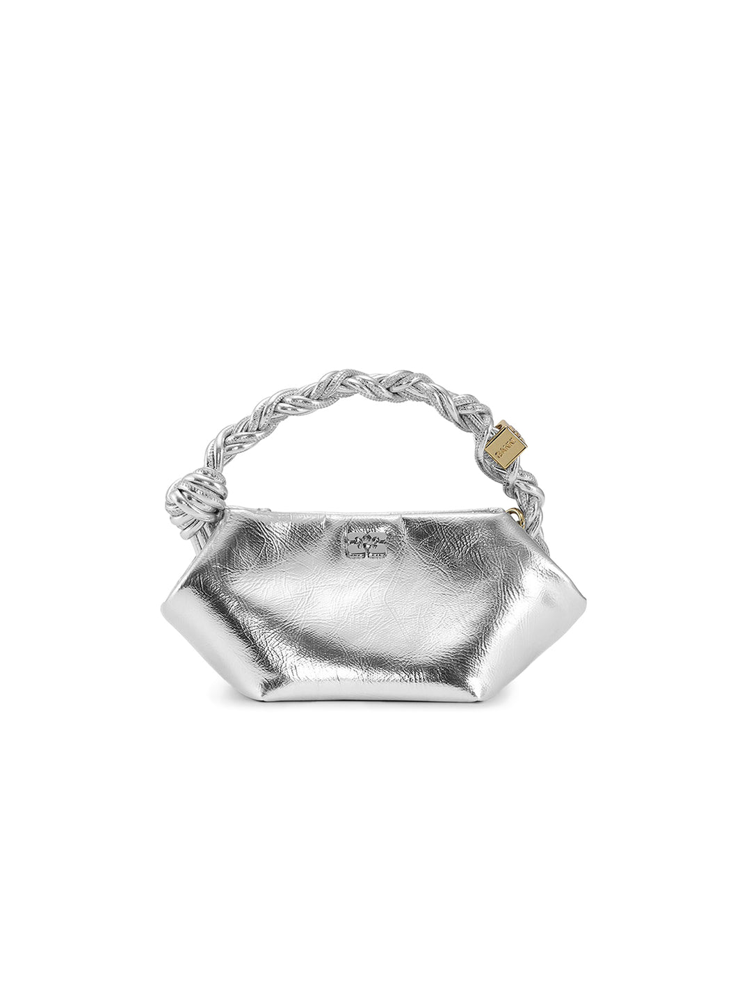 Front view of GANNI's mini bou bag in silver.
