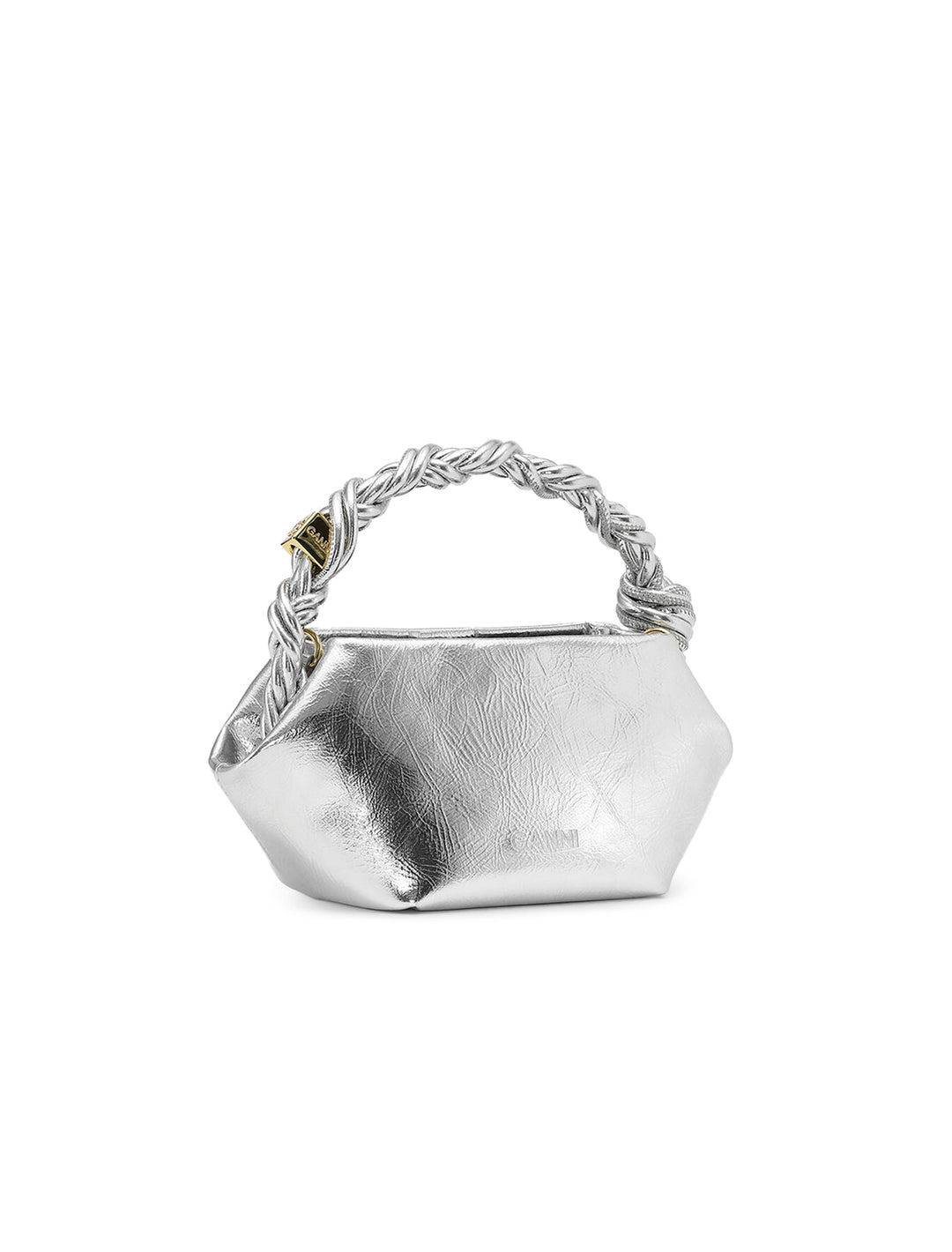 Back angle view of GANNI's mini bou bag in silver.
