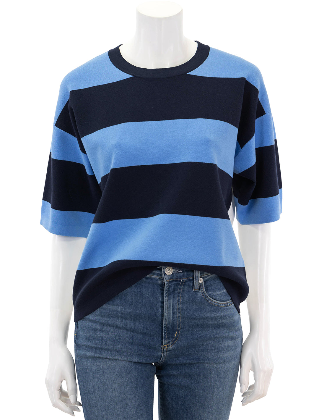 front view of fire striped knit top in navy