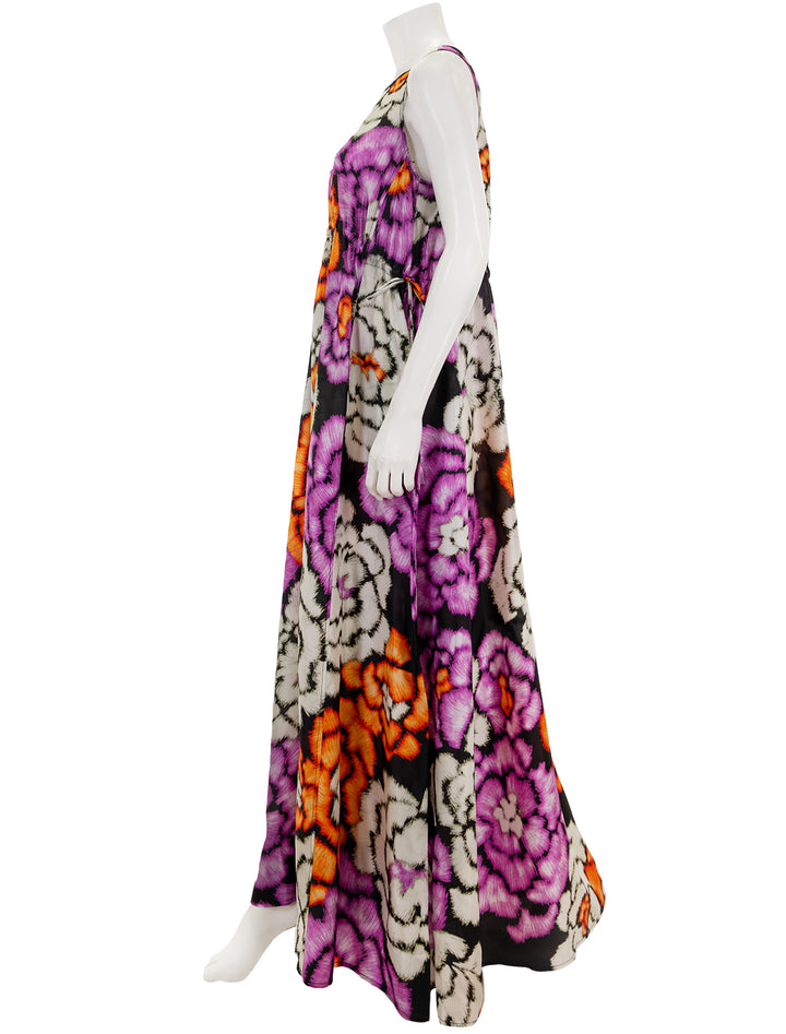 Side view of Essentiel Antwerp's flowers silk maxi gown.
