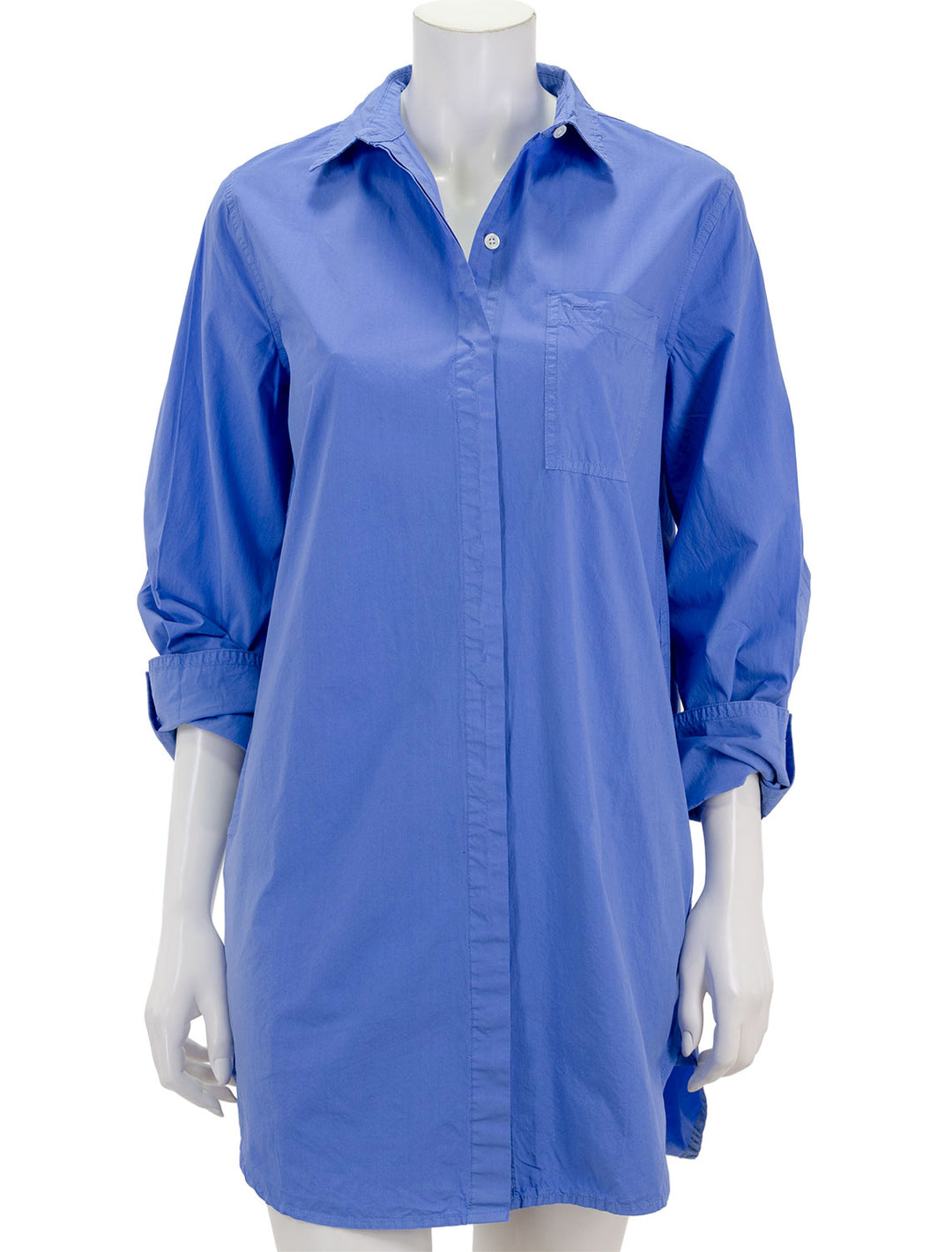Front view of Alex Mill's belle shirt dress in french blue paper poplin.