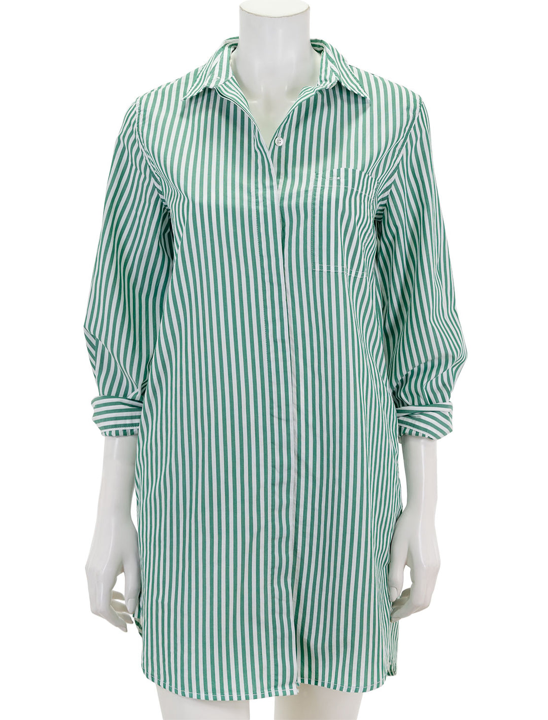 Front view of Alex Mill's belle shirt dress in green and white.