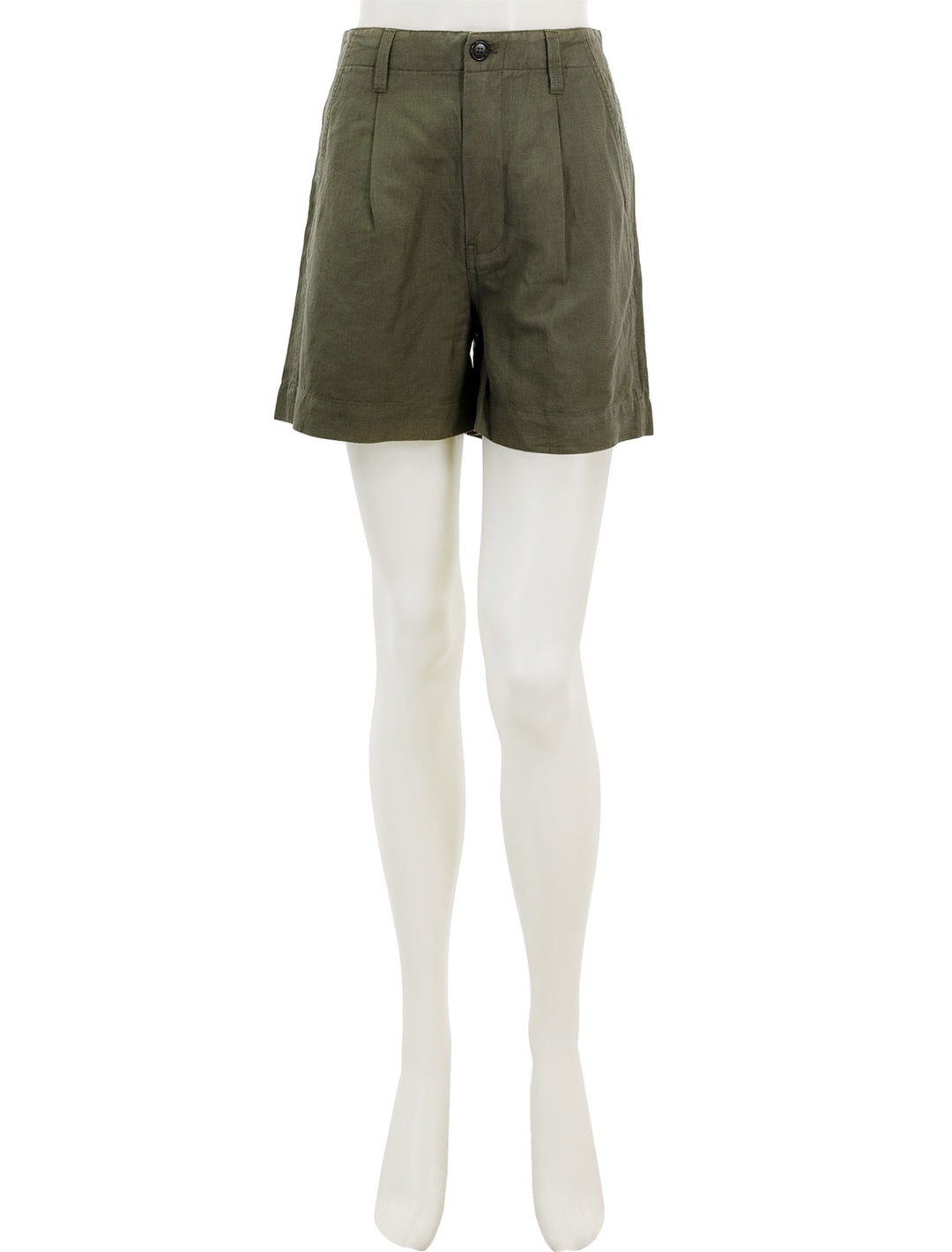 Front view of Alex Mill's pleated twill shorts in pulgia olive.