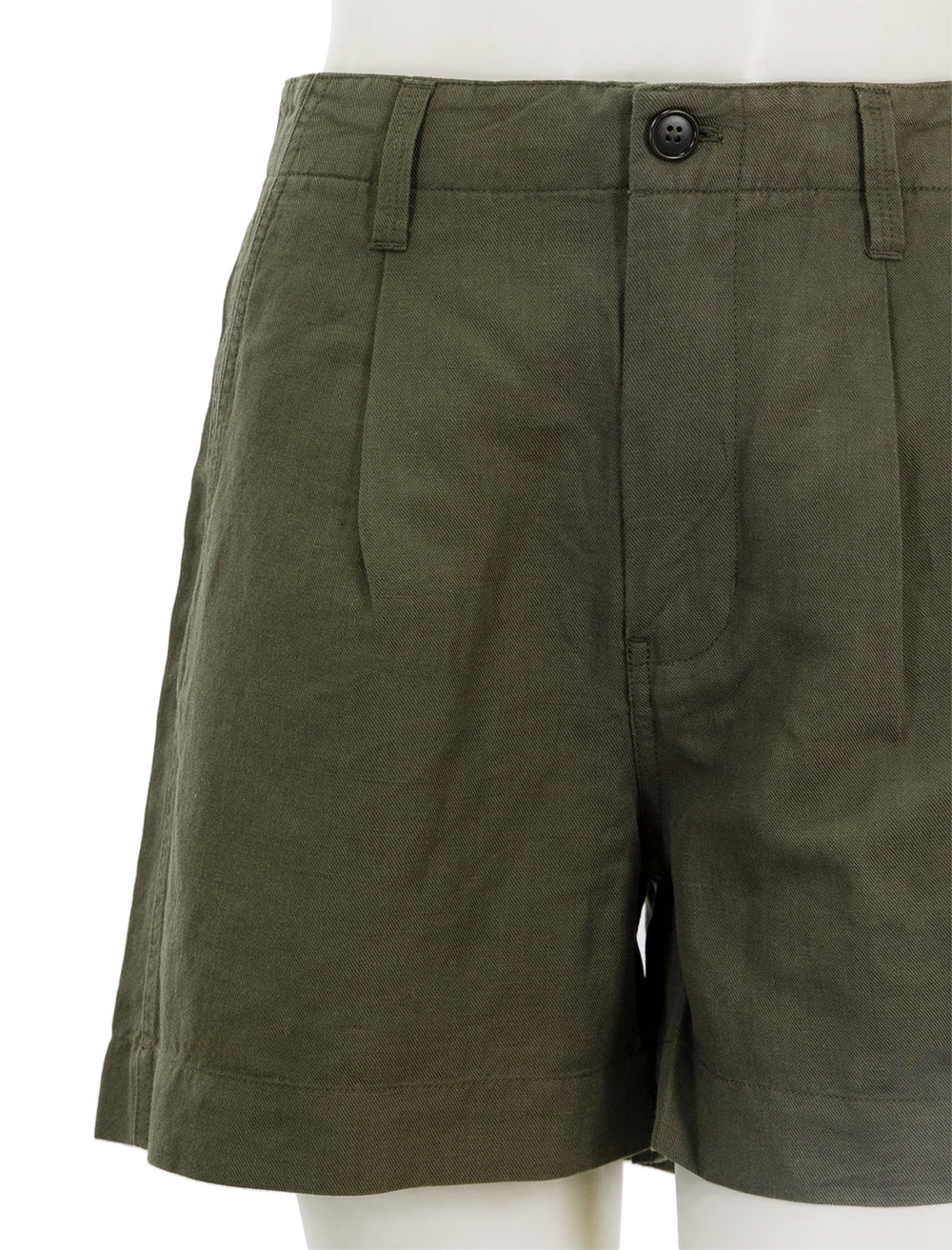 Close-up view of Alex Mill's pleated twill shorts in pulgia olive.