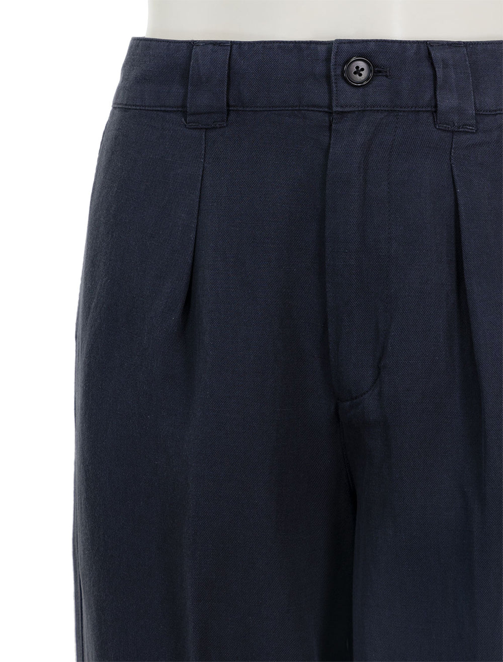 Close-up view of Alex Mill's madeline twill pleated trouser in washed black.