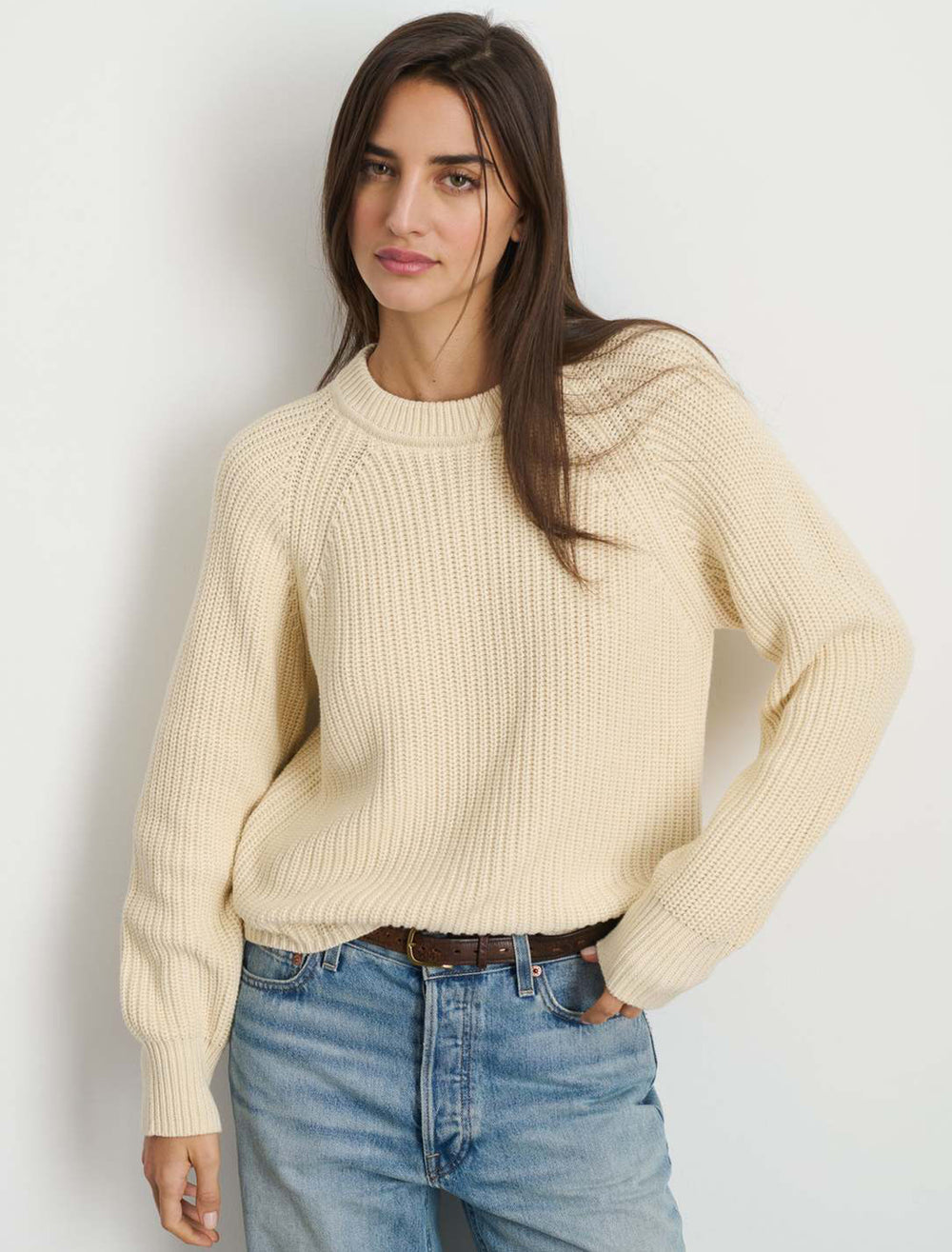 Model wearing Alex Mill's Amalie Pullover Sweater in Ivory.