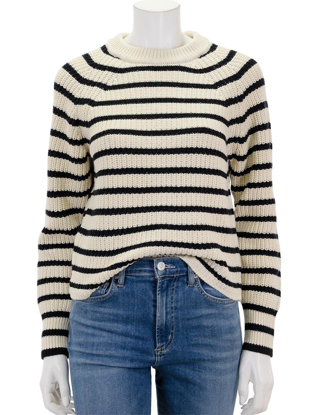 Front view of Alex Mill's Amalie Pullover Sweater in Ivory and Black Stripe.