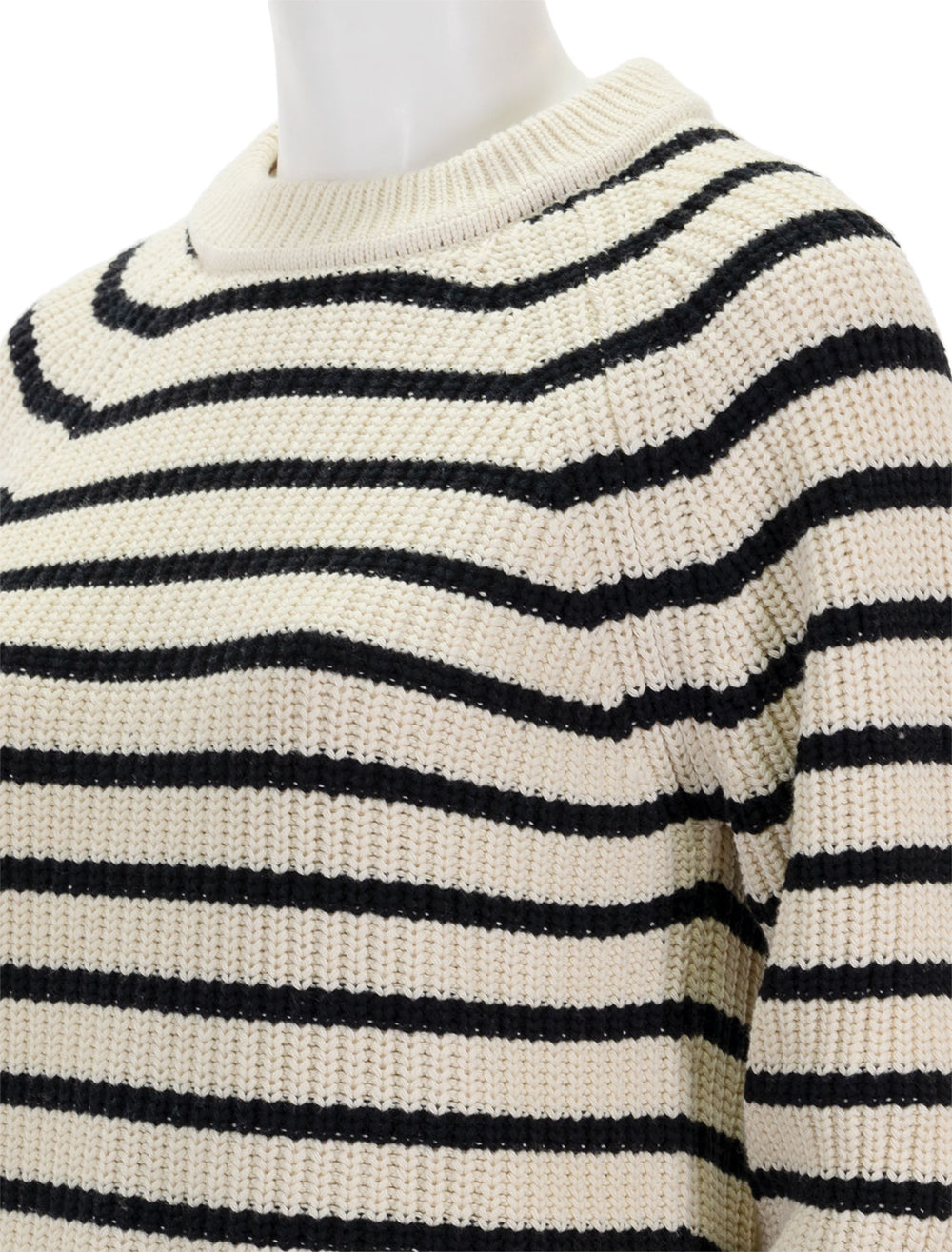 Close-up view of Alex Mill's Amalie Pullover Sweater in Ivory and Black Stripe.