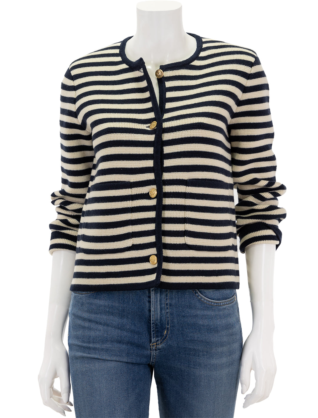 Front view of Alex Mill's paris sweater in navy and ivory stripe.