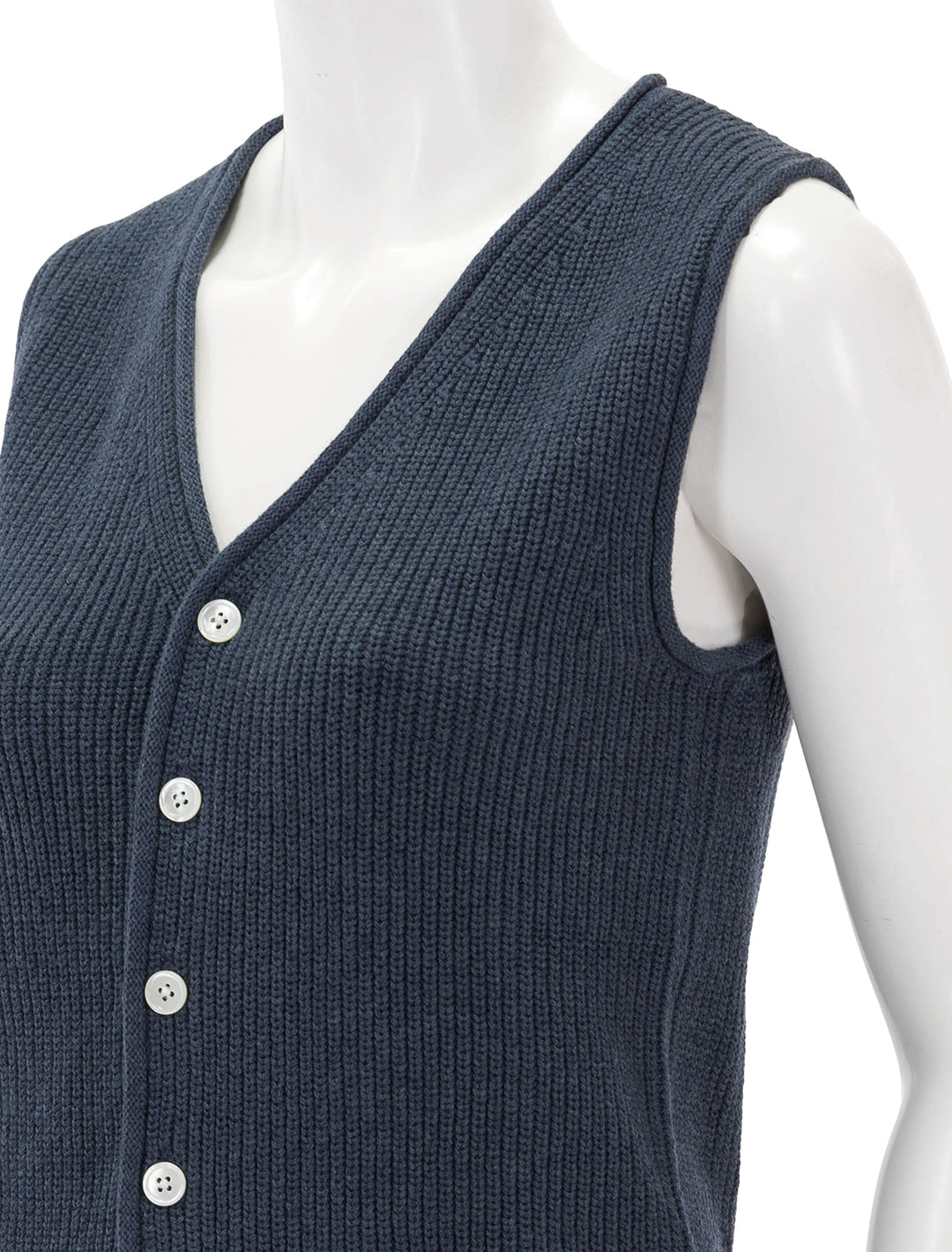 close up view of eldridge sweater vest in navy