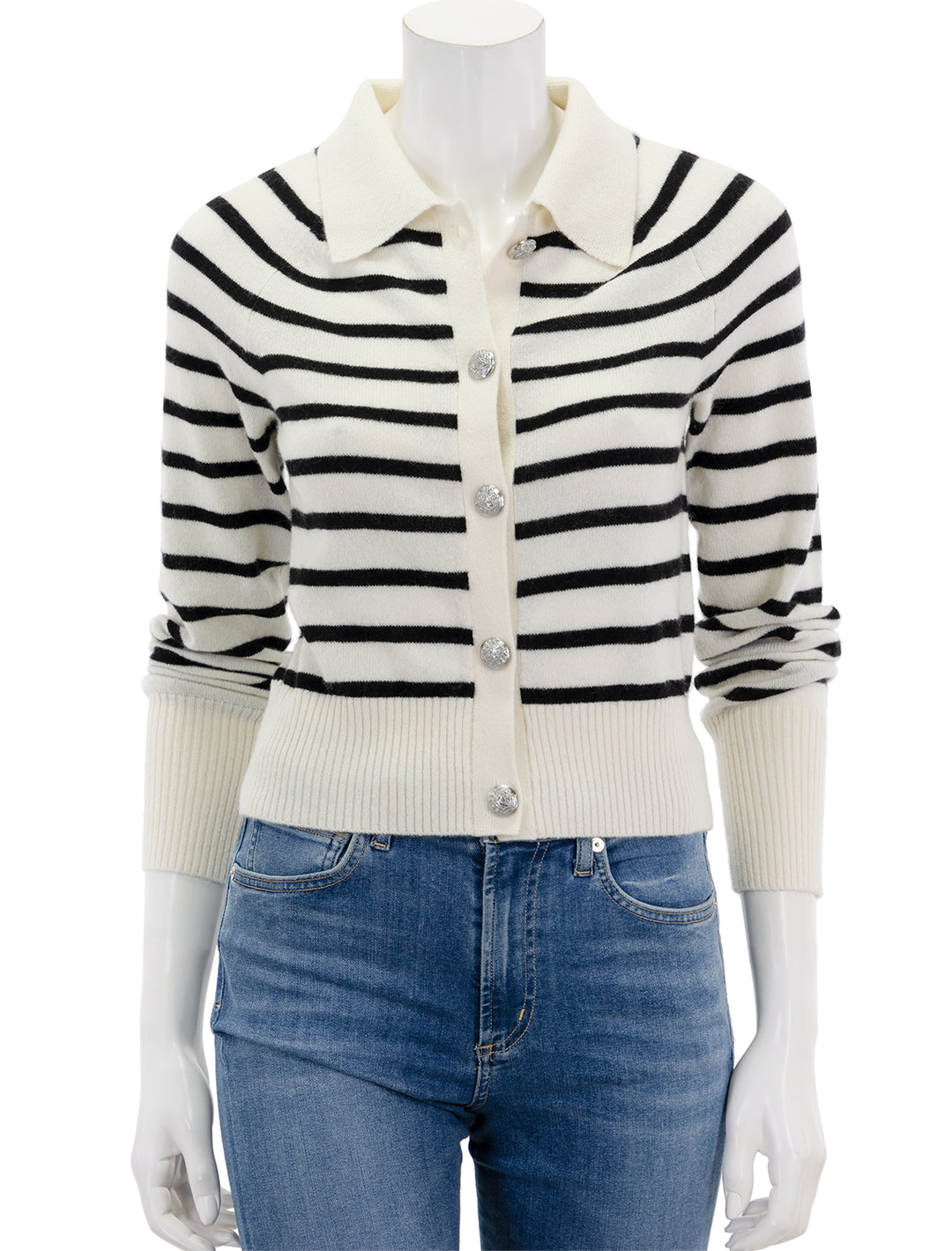 Front view of Veronica Beard's cheshire cardigan in off-white and black stripe.