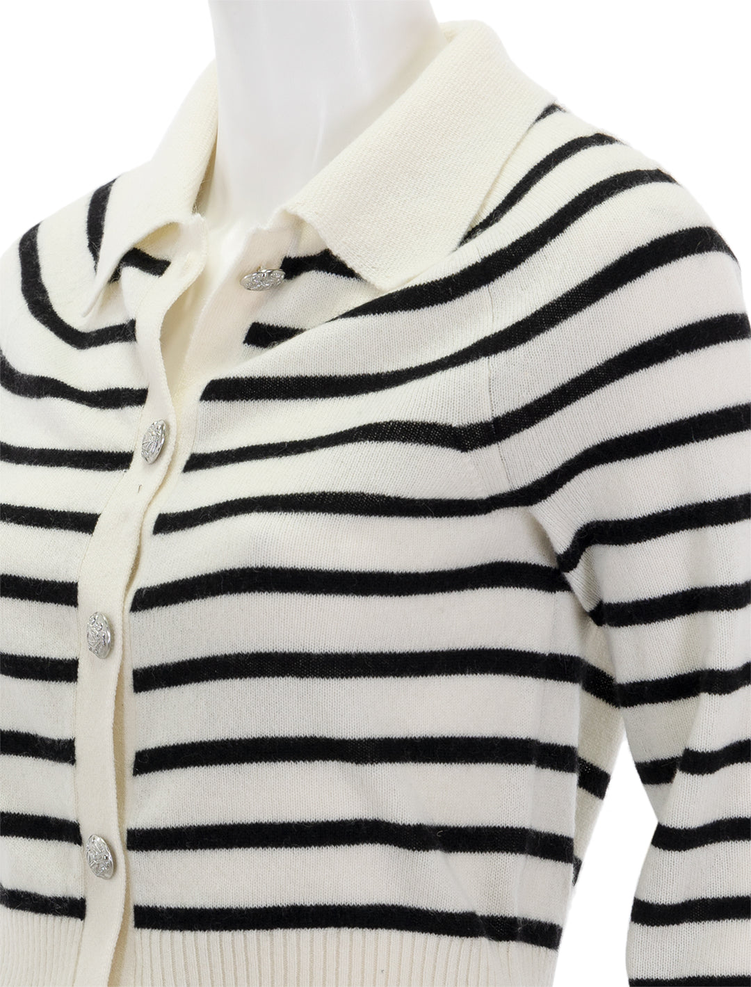 Close-up view of Veronica Beard's cheshire cardigan in off-white and black stripe.