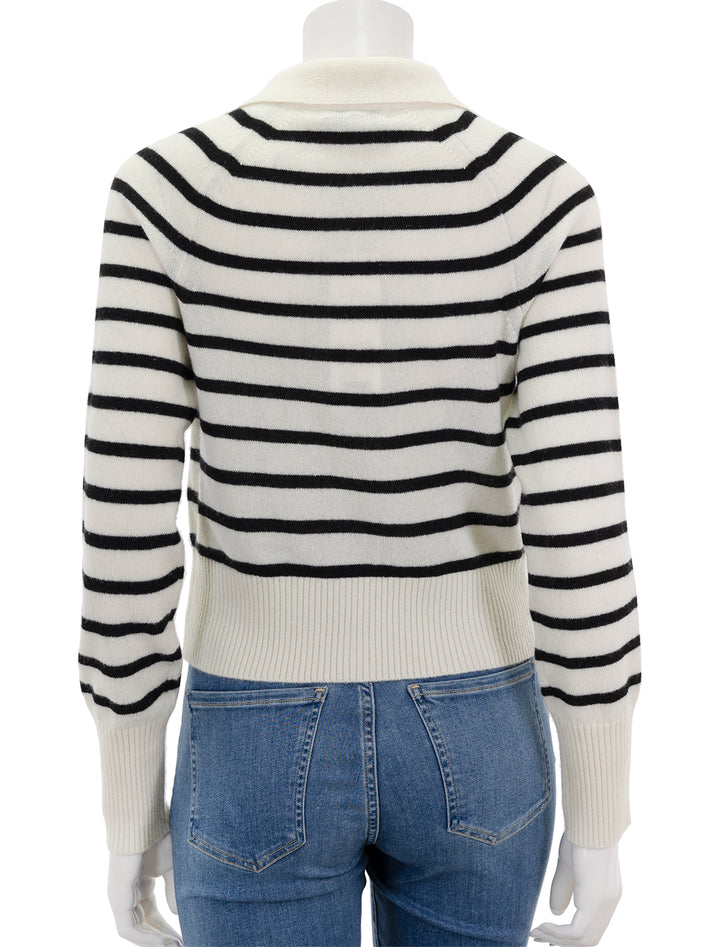 Back view of Veronica Beard's cheshire cardigan in off-white and black stripe.