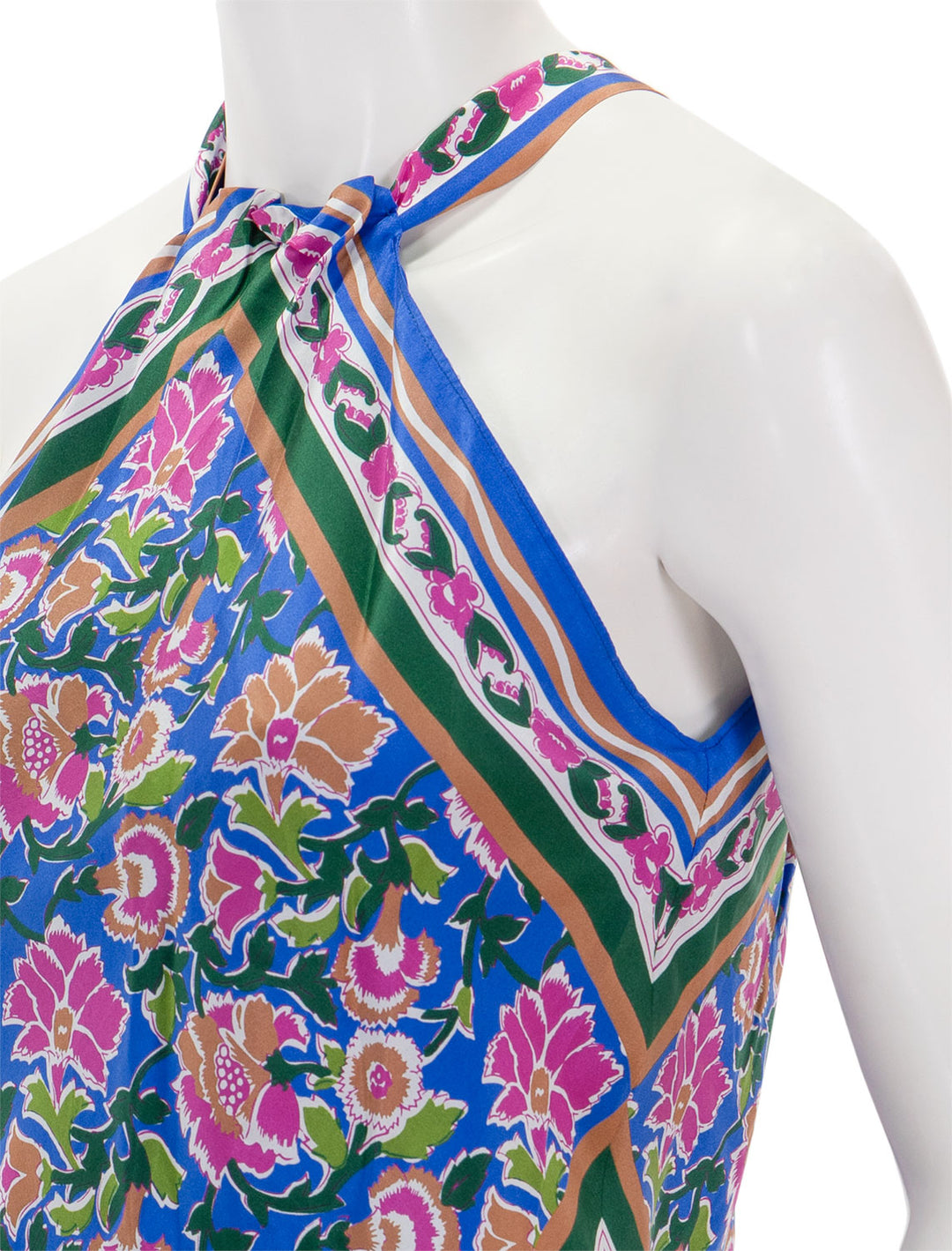 Close-up view of Veronica Beard's raphael top in sarong floral print.