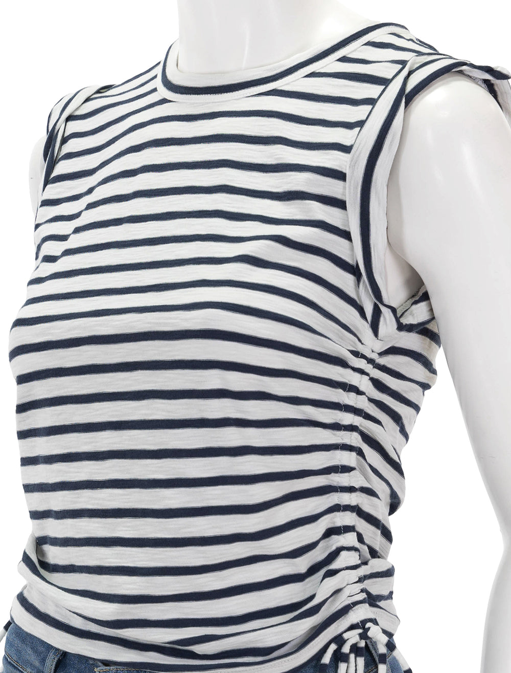 close up view of vinci top in off white and marine stripe