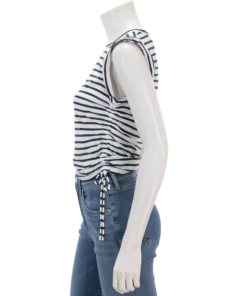 side view of vinci top in off white and marine stripe