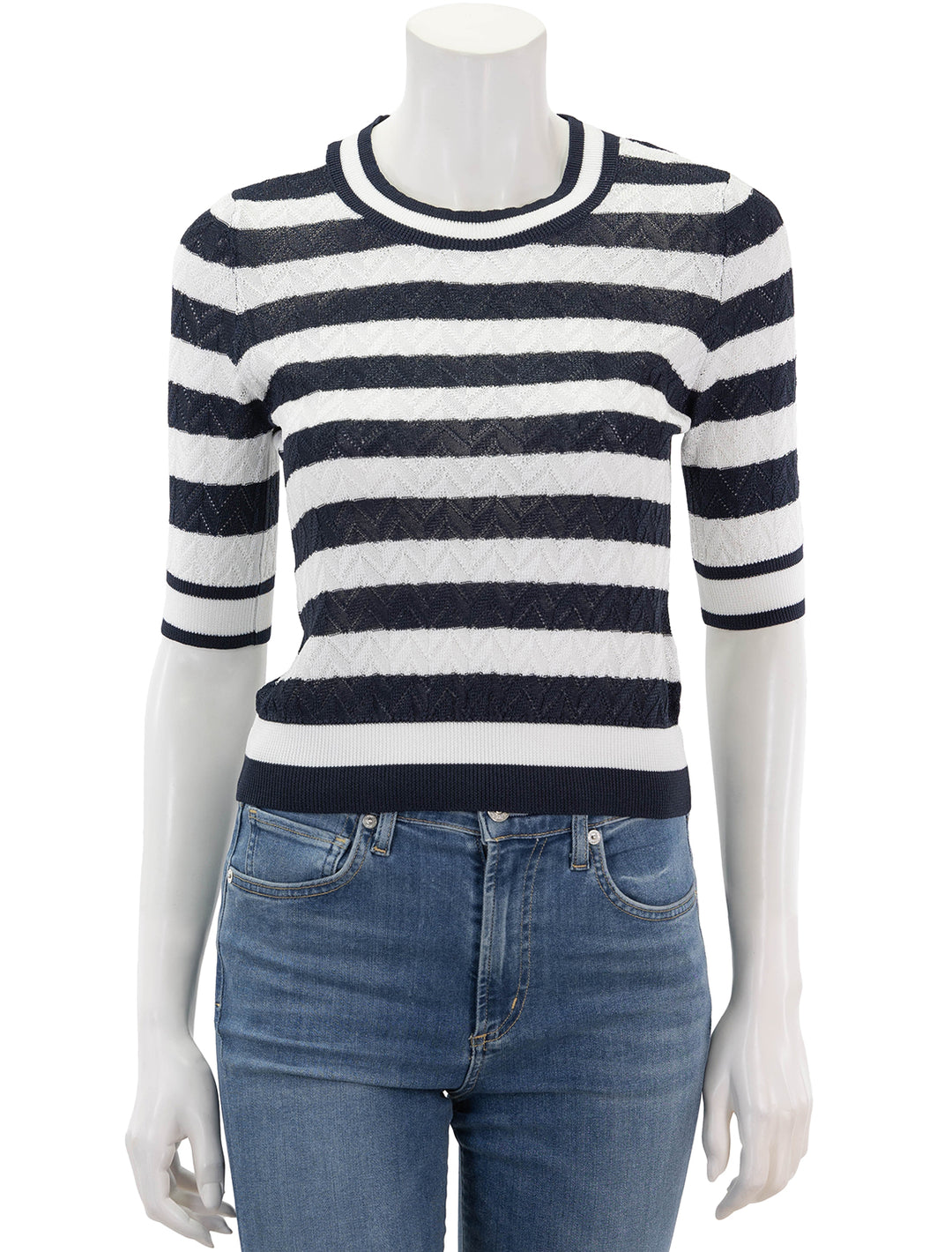 front view of lisbeth knit top in white and navy stripe
