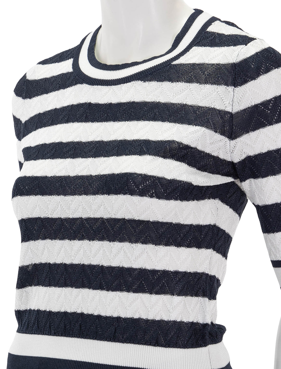 close up view of lisbeth knit top in white and navy stripe
