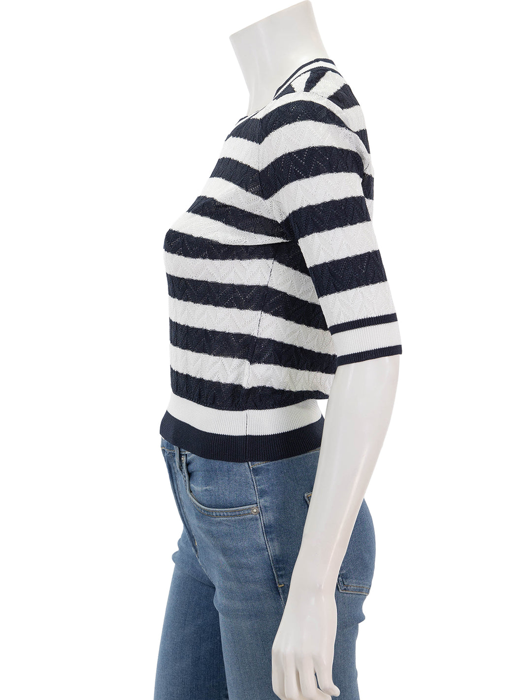 side view of lisbeth knit top in white and navy stripe