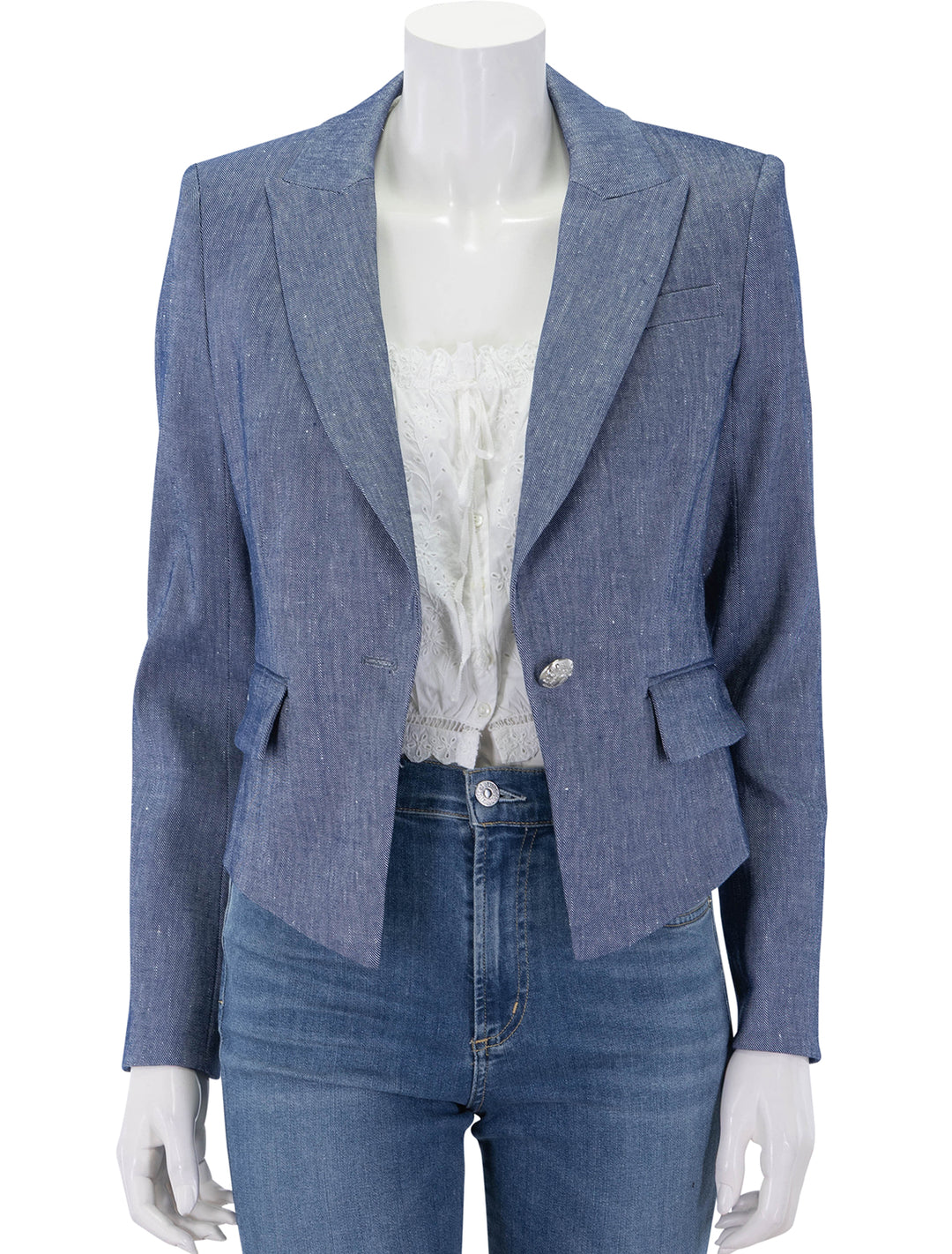 front view of hosanna dickey jacket in blue melange