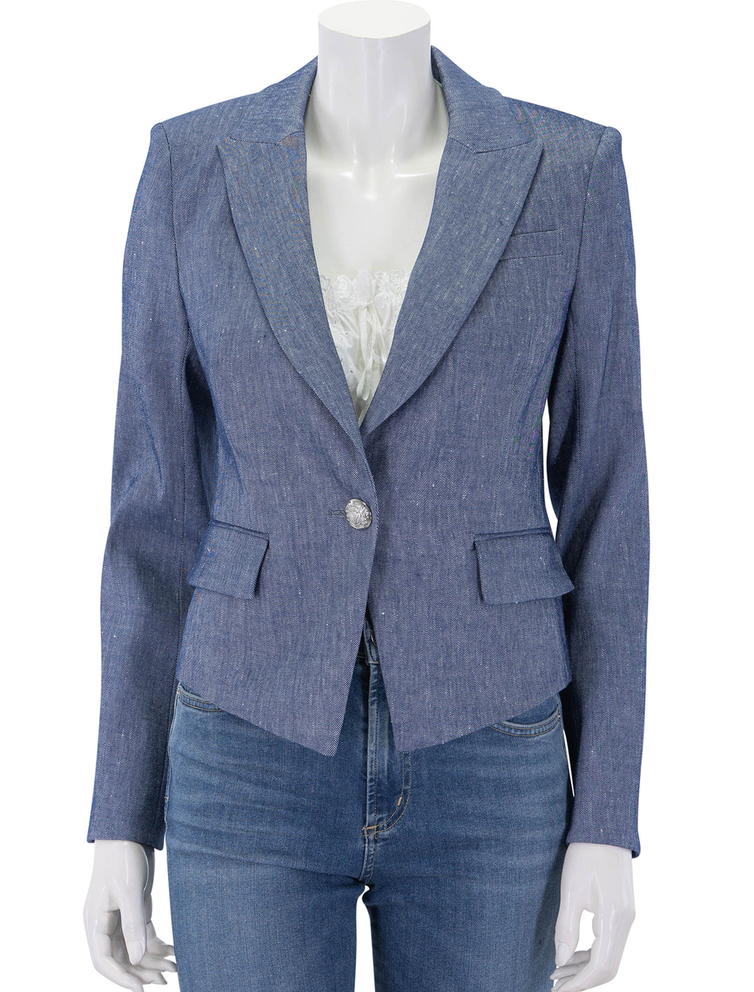 front view of hosanna dickey jacket in blue melange buttoned