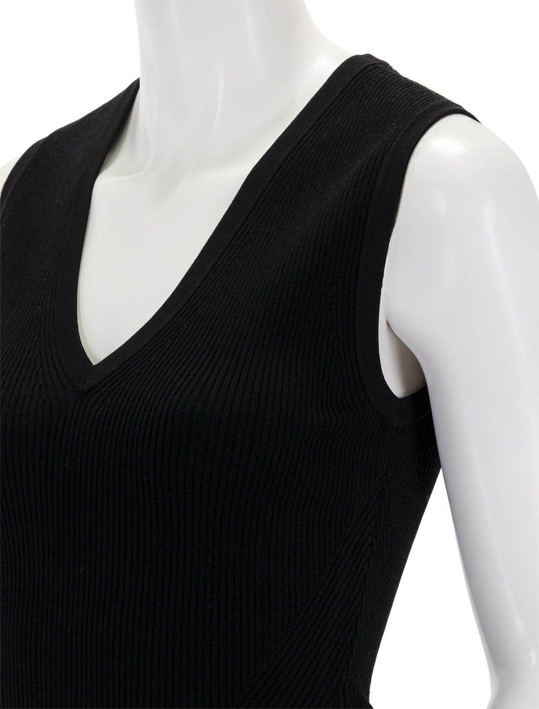 Close-up view of Veronica Beard's sid sleeveless pullover in black.
