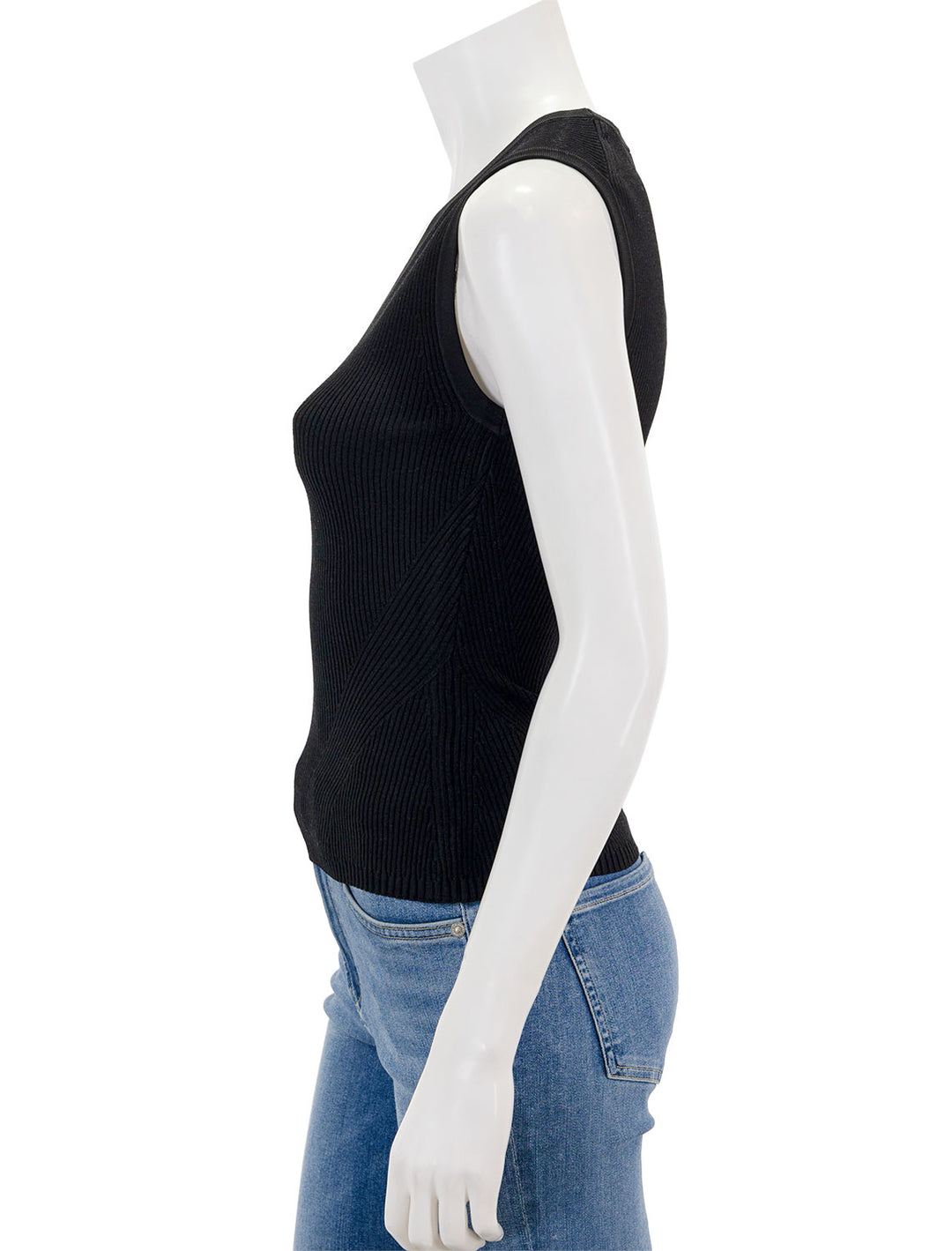 Side view of Veronica Beard's sid sleeveless pullover in black.