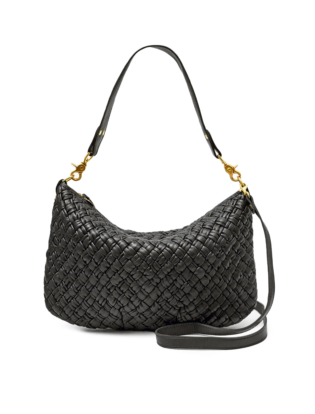 Front view of Clare V.'s moyen messenger in black puffy woven.