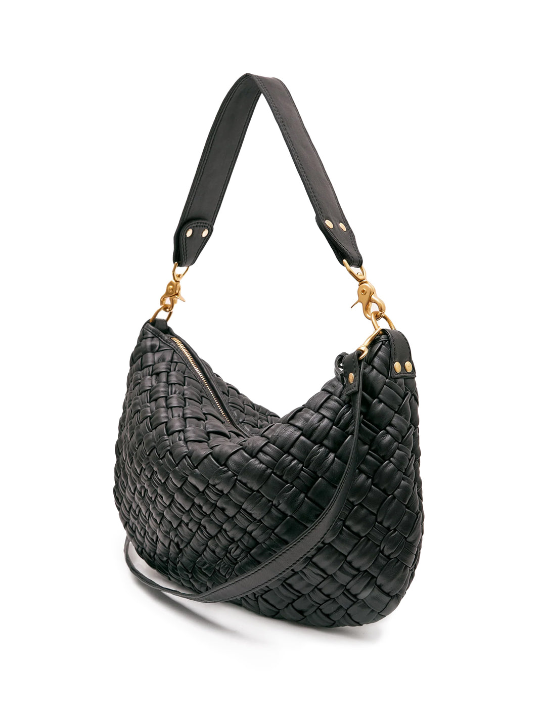 Front angle view of Clare V.'s moyen messenger in black puffy woven.