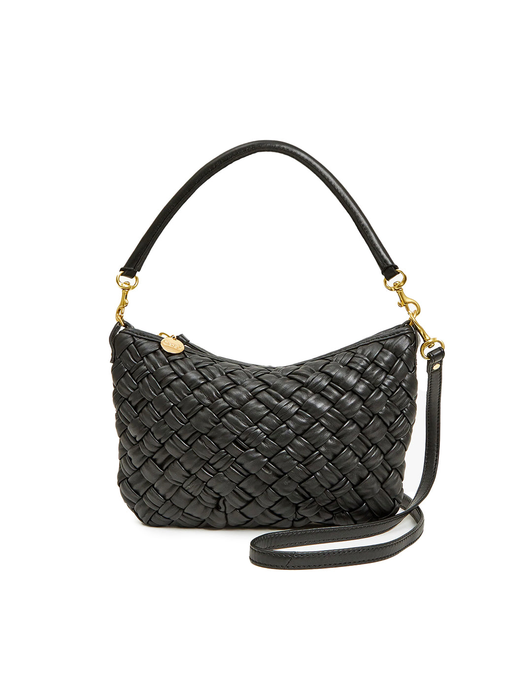 Front view of Clare V.'s petite moyen messenger in black puffy woven.
