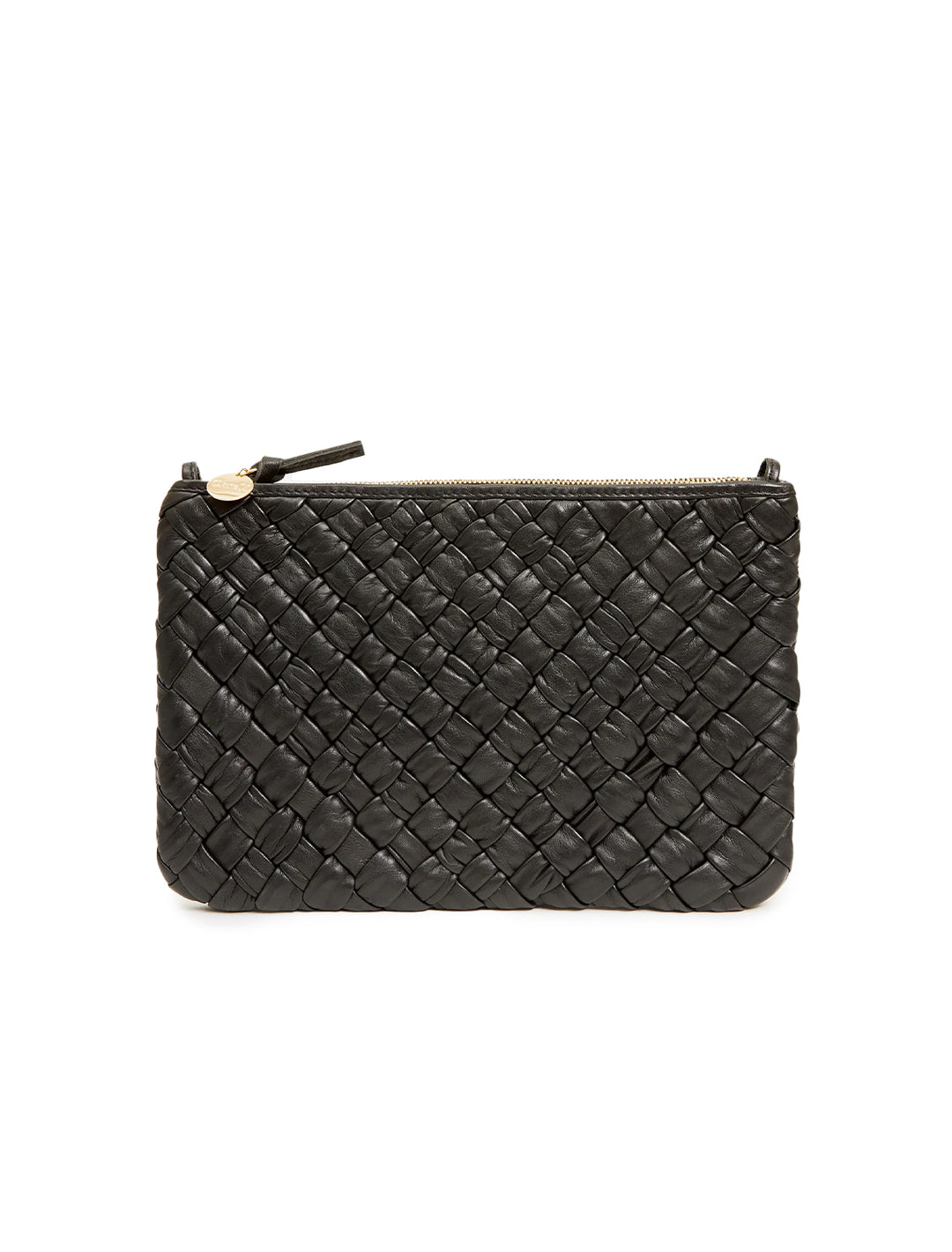 Front view of Clare V.'s flat clutch with tabs in puffy woven black.
