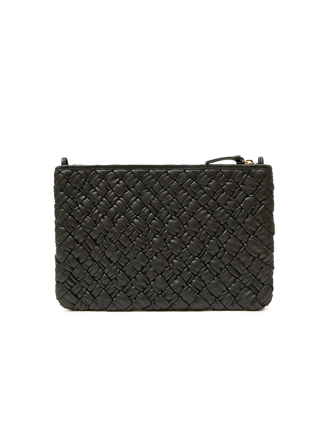 Back view of Clare V.'s flat clutch with tabs in puffy woven black.