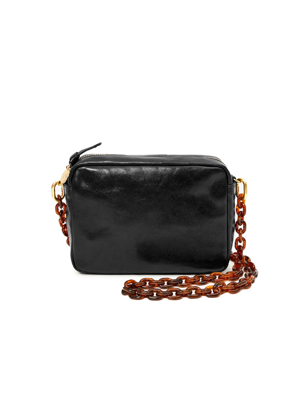 Clare V.'s mini resin link shoulder strap in tortoise shell attached to a bag.