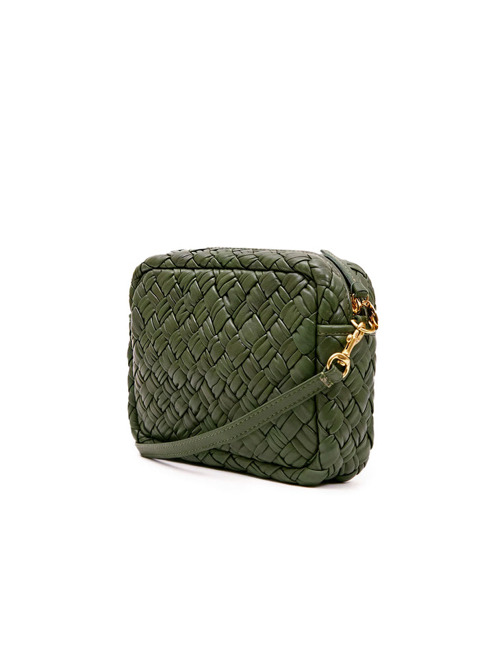 Back angle view of Clare V.'s midi sac in puffy woven army.