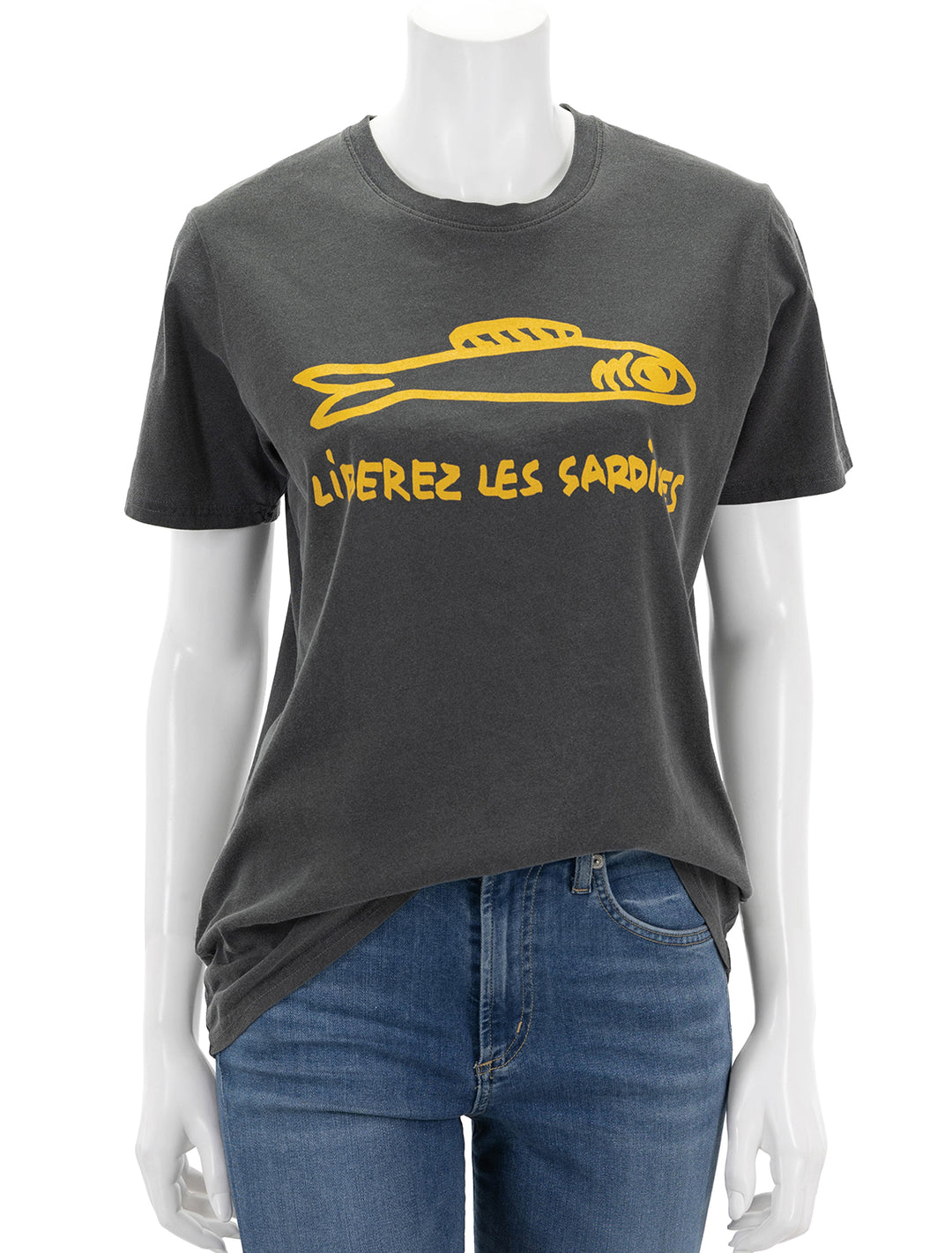 front view of original liberez les sardines tee in faded black